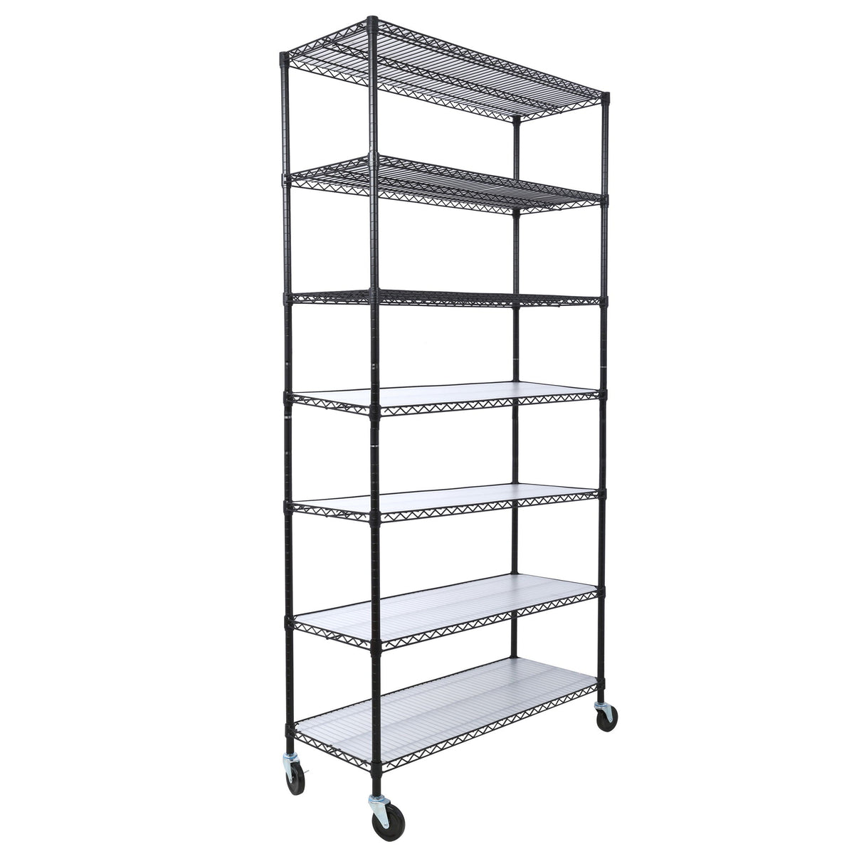 Black metal wire 7-tier shelving unit with grid shelves and caster wheels