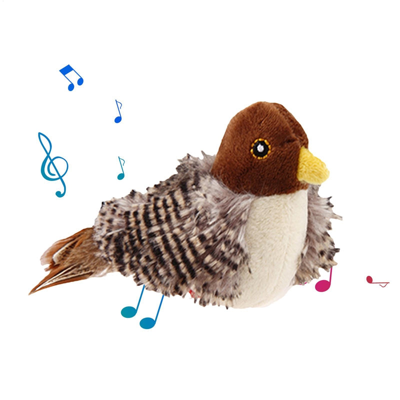 Plush bird cat toy with brown head, yellow beak, white belly, and feathered wings