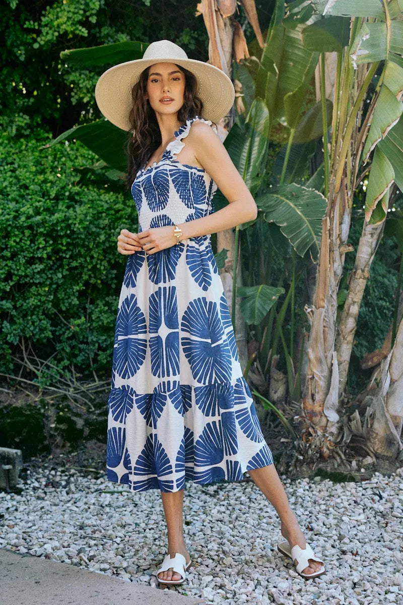 Navy abstract print smocked bodice tiered midi dress, sleeveless with tiered skirt