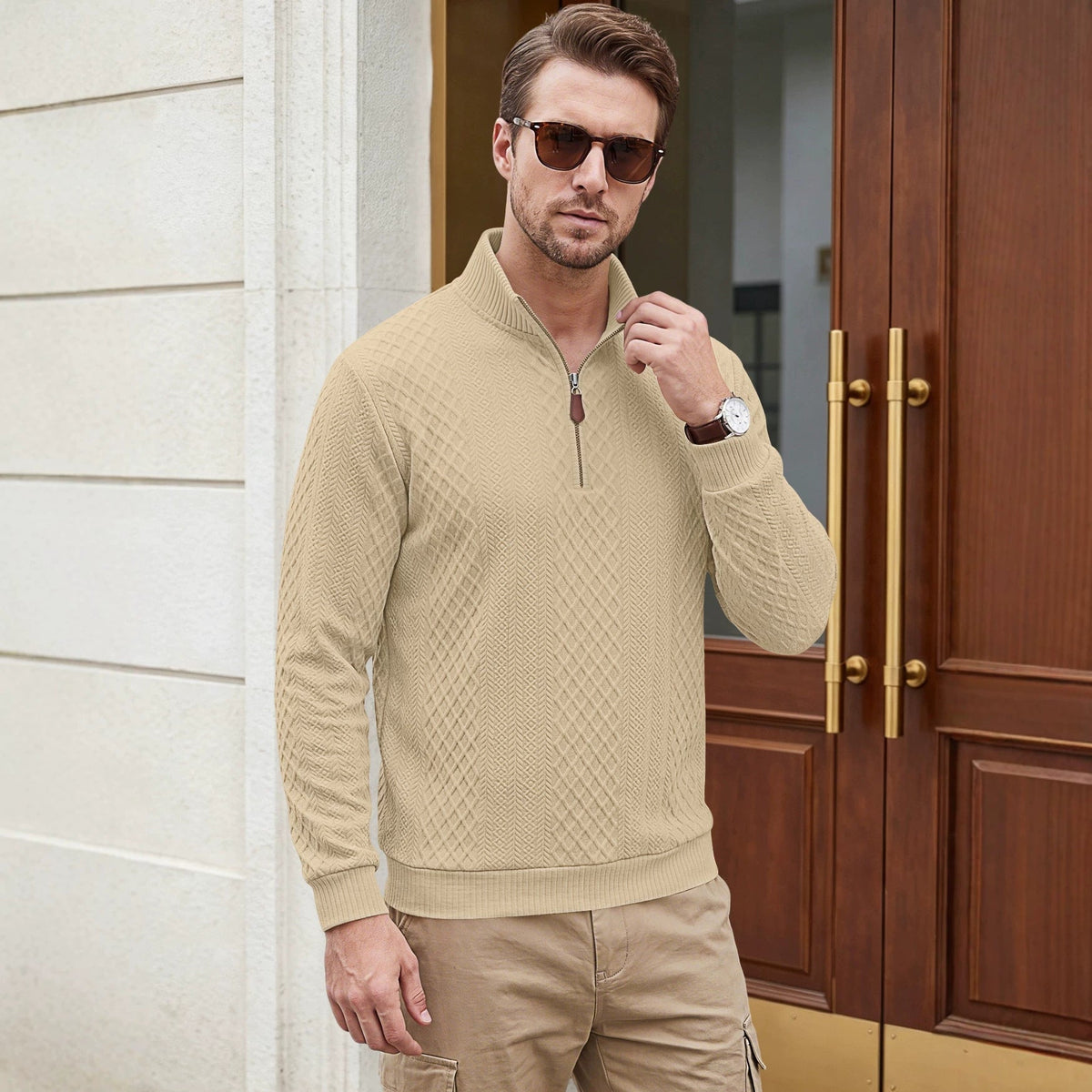 Beige textured diamond jacquard half-zip long-sleeve pullover with ribbed collar and cuffs