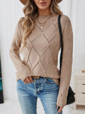 Mocha long sleeve diamond eyelet knit top, crew neck, textured diamond pattern
