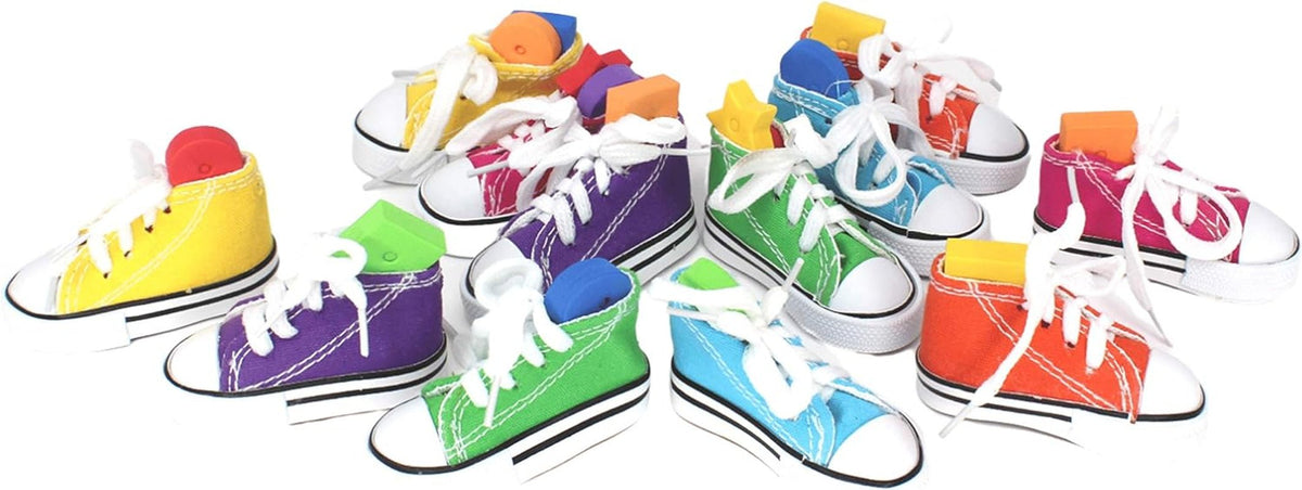 Small colorful bird sneakers with white laces and rubber soles, shown from above