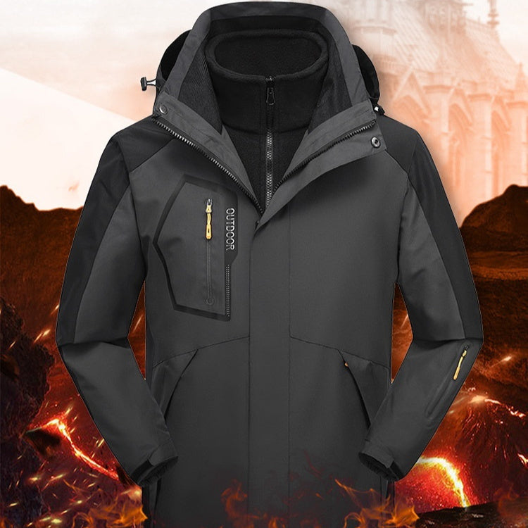 Black hooded three-in-one parka with front zipper and chest utility pocket