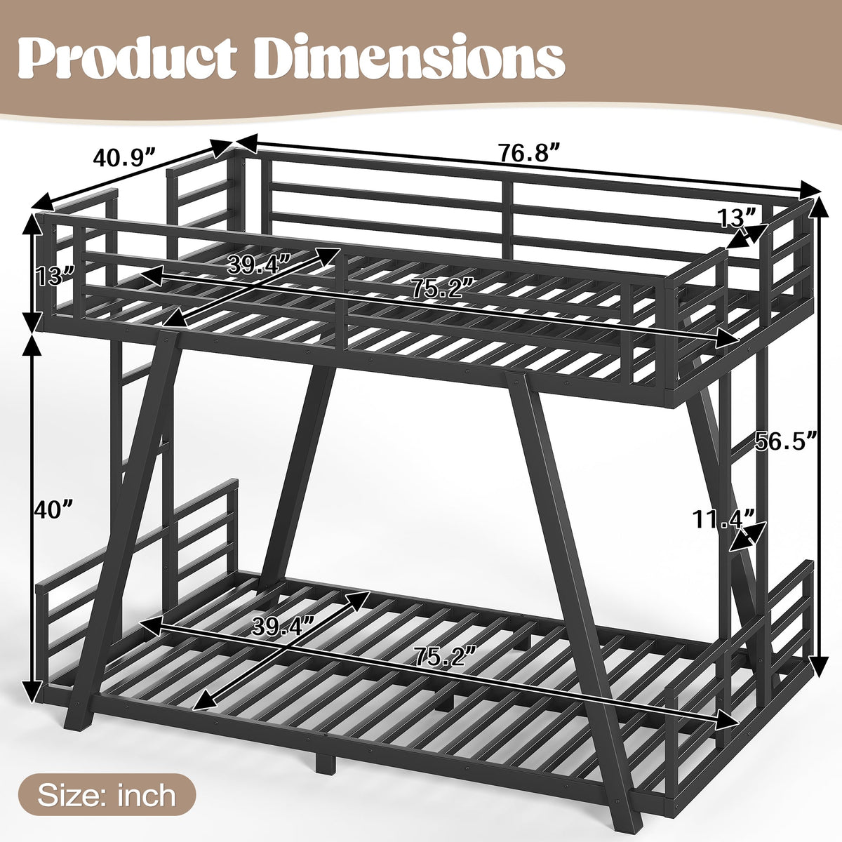 Bunk bed dimension diagram with measurements for the black metal twin frame