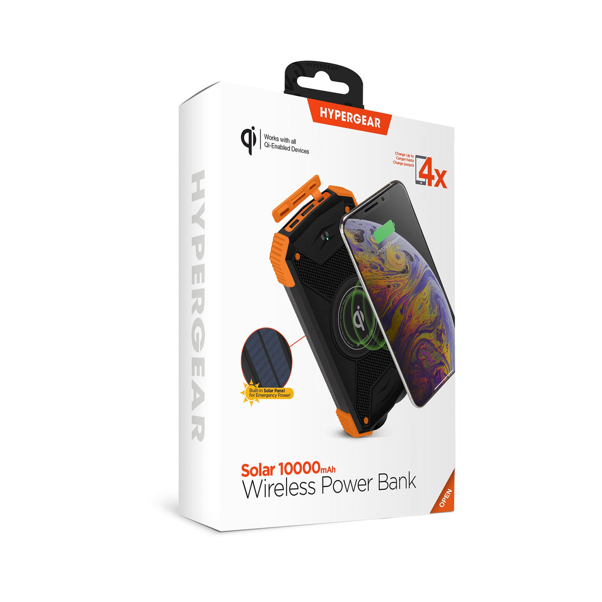 HyperGear wireless solar power bank retail box in white and orange with phone graphic