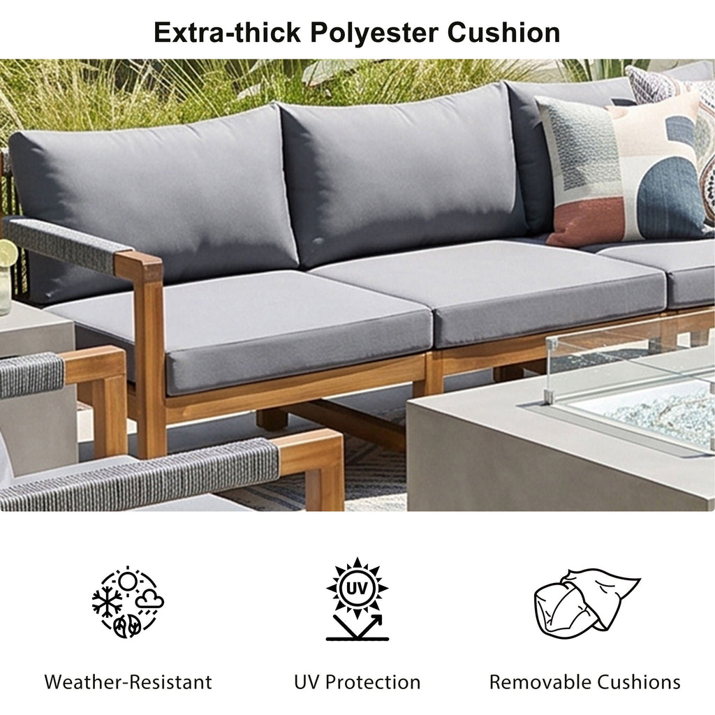 Dark gray outdoor sectional sofa with extra-thick cushions and removable-cushion design icons