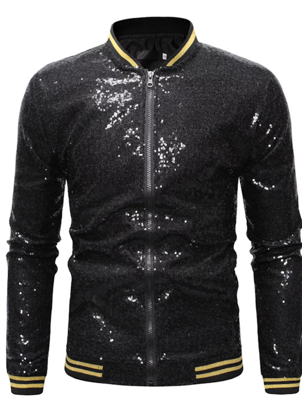 Black sequin zip-up jacket with front zipper and ribbed yellow striped cuffs