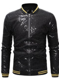 Black sequin zip-up jacket with front zipper and ribbed yellow striped cuffs