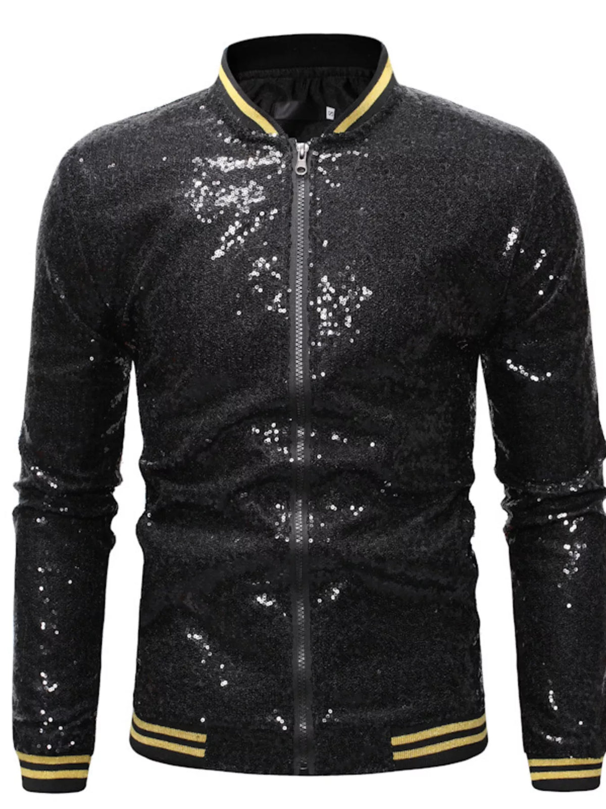 Black sequin zip-up jacket with front zipper and ribbed yellow striped cuffs