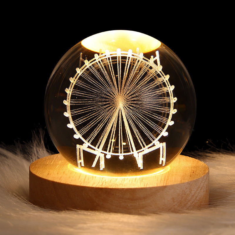 Crystal ball LED night light table lamp with warm Ferris wheel starburst inside