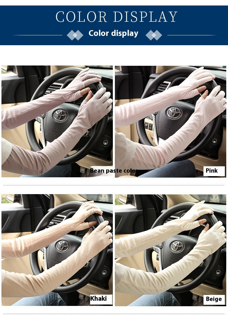 Women’s thin cotton sun protection gloves color display: pink, khaki, beige options