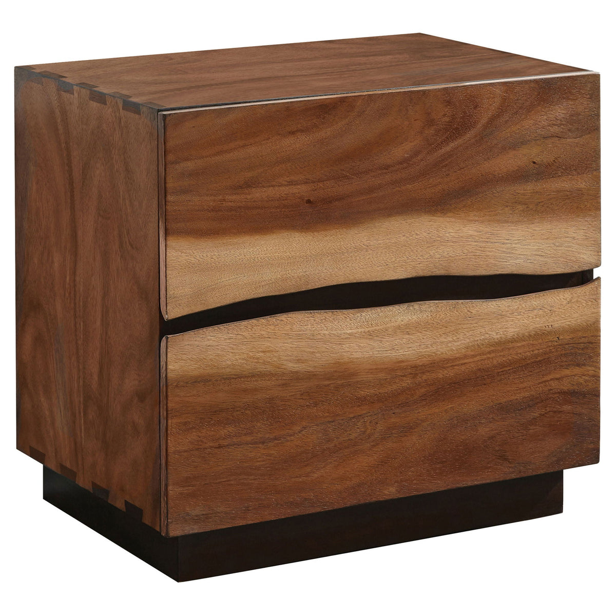 Smokey walnut nightstand with two drawers and curved pull cutouts