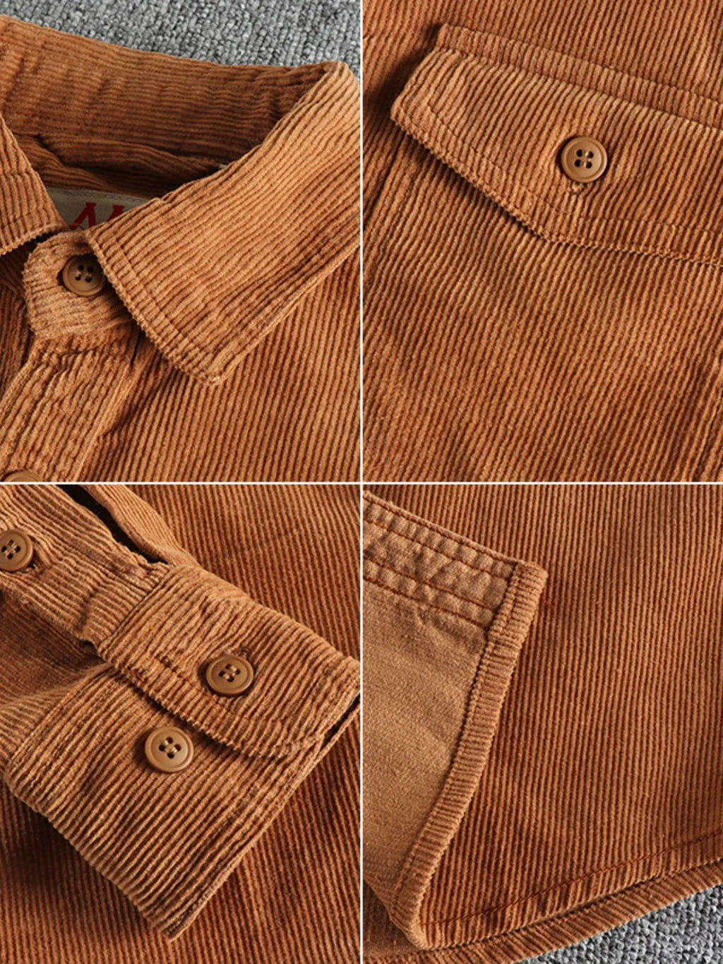 Corduroy shirt collar and button placket close-up with long sleeves and cuffs