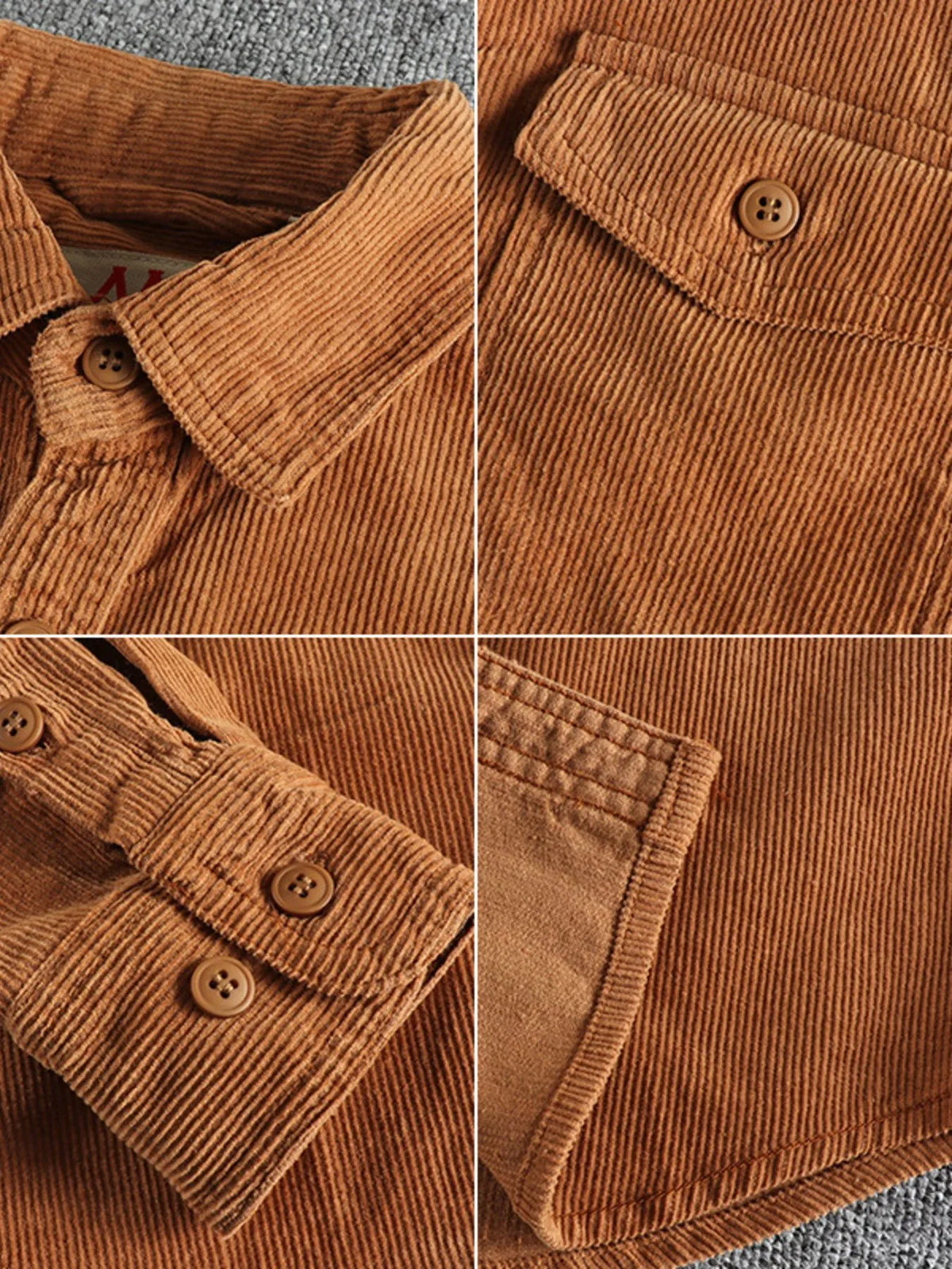 Corduroy shirt collar and button placket close-up with long sleeves and cuffs