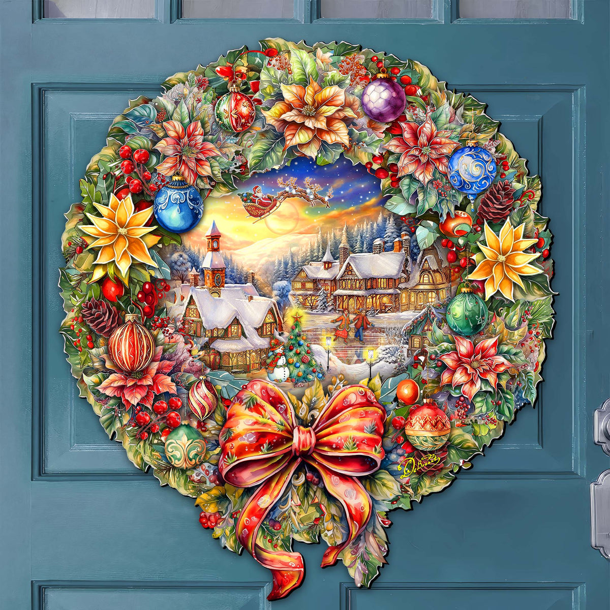 Colorful Christmas wreath with hanging ornaments, flowers, and large red ribbon bow