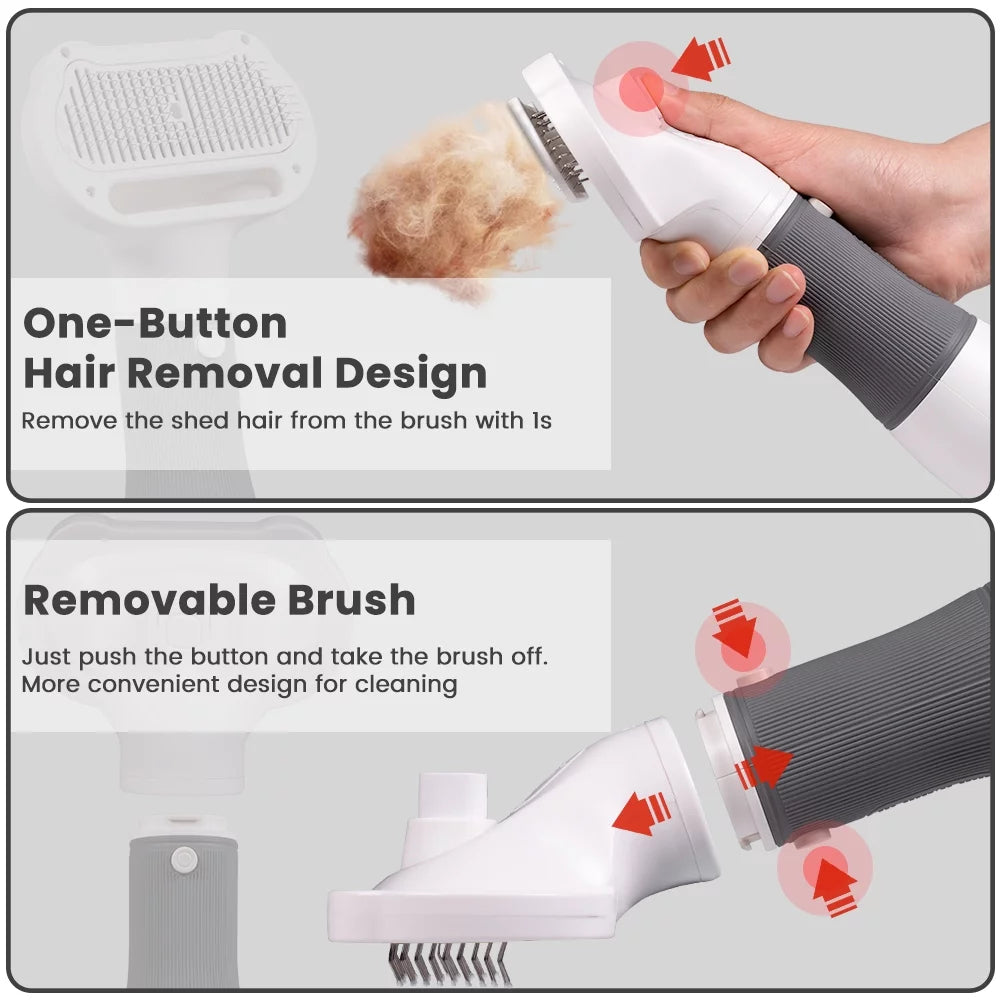 Pet dryer brush with one-button hair removal and detachable brush head