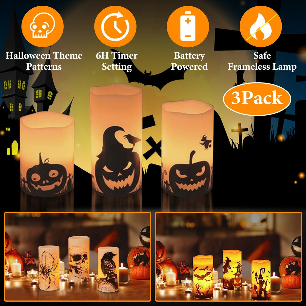 LED flameless candles with witch, jack-o-lantern, and cat silhouettes, warm orange glow