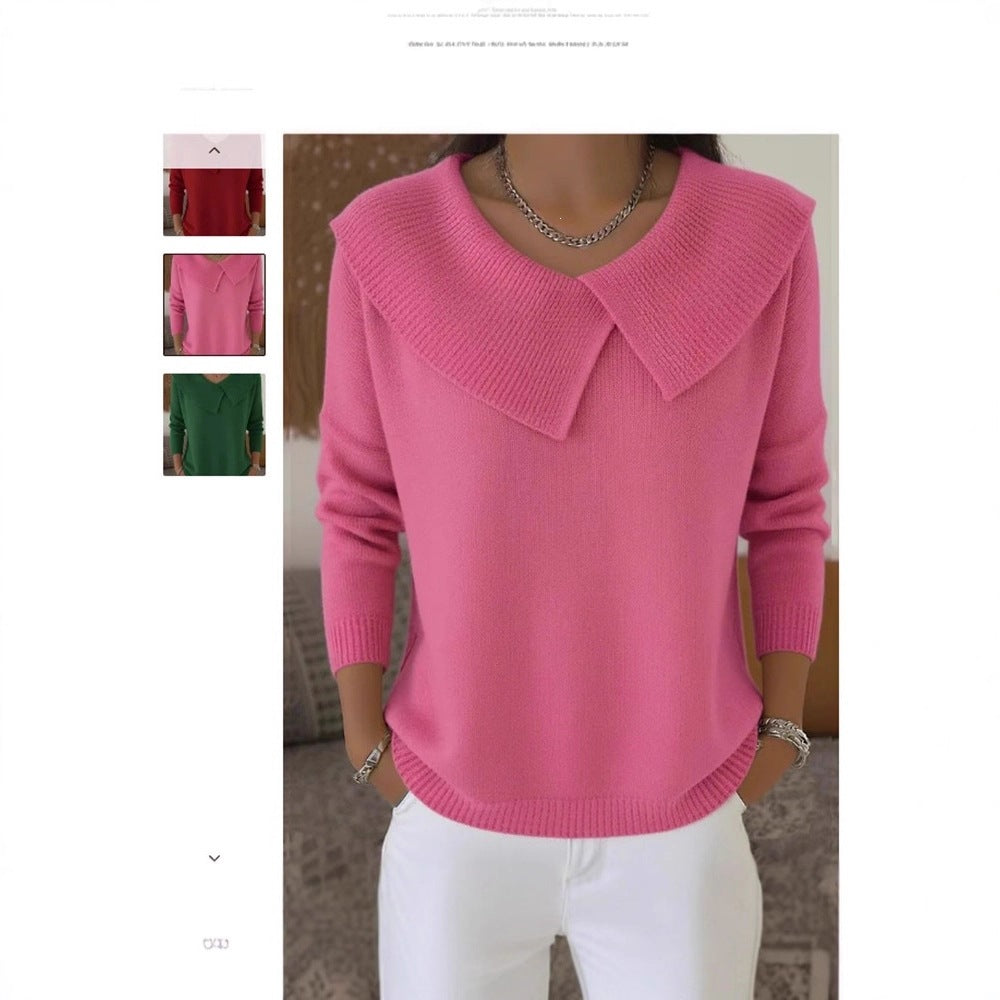 Women's collared knit sweater, pink V-neck with oversized collar