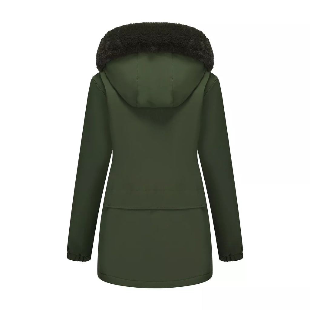 Army green hooded winter parka back view with faux-fur trimmed hood