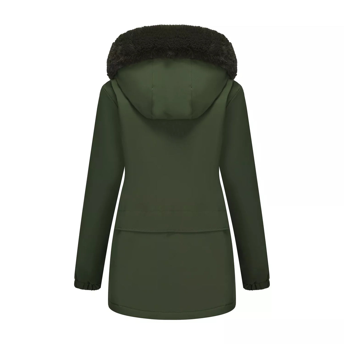 Army green hooded winter parka back view with faux-fur trimmed hood