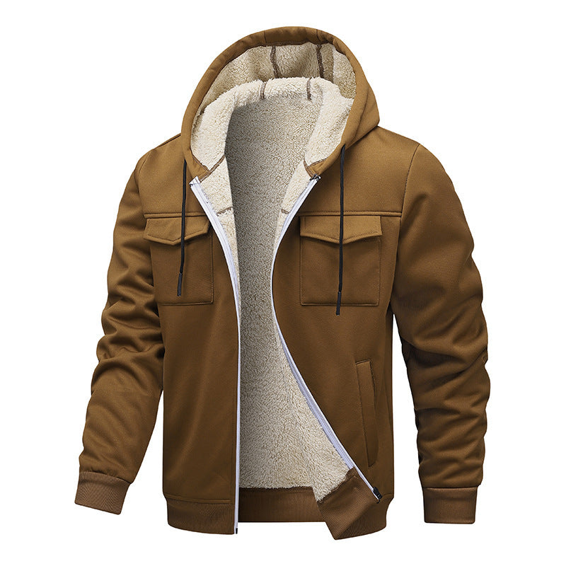 Brown zip-up winter coat with tan sherpa-lined hood and front flap pockets