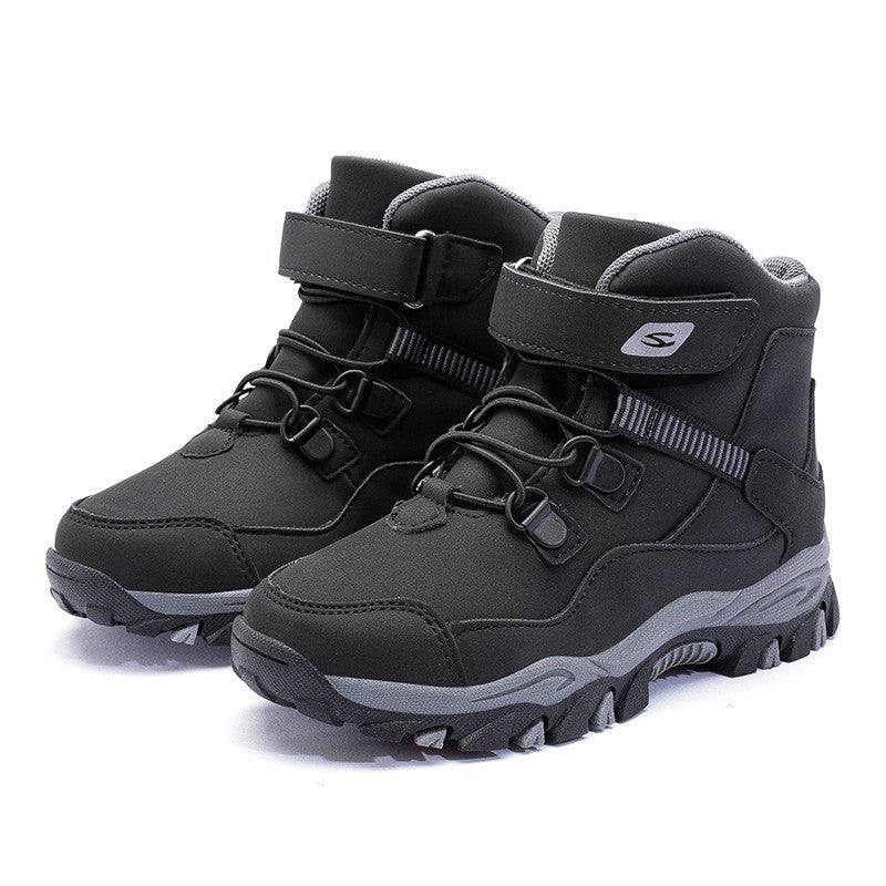 Black kids winter boots with padded collar, lace-up front, side buckle straps, tread sole