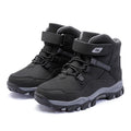 Black kids winter boots with padded collar, lace-up front, side buckle straps, tread sole