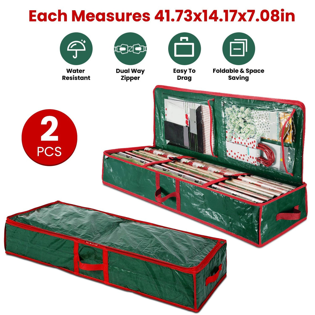 Green gift wrap storage organizer with red frame, zippered pocket window, and handles