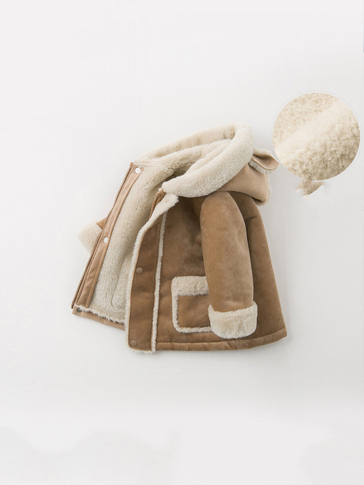 Camel baby jacket with hood, sherpa trim, front snap zipper and chest pockets