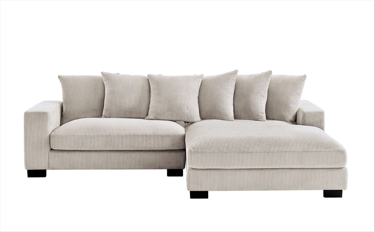 L-shaped sectional sofa with chaise, beige corded upholstery and square arm cushions