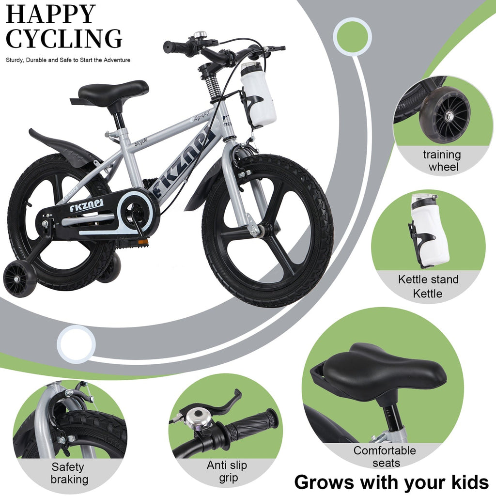 Kids 16-inch bike with training wheels, white frame, black seat, front bottle holder mount.