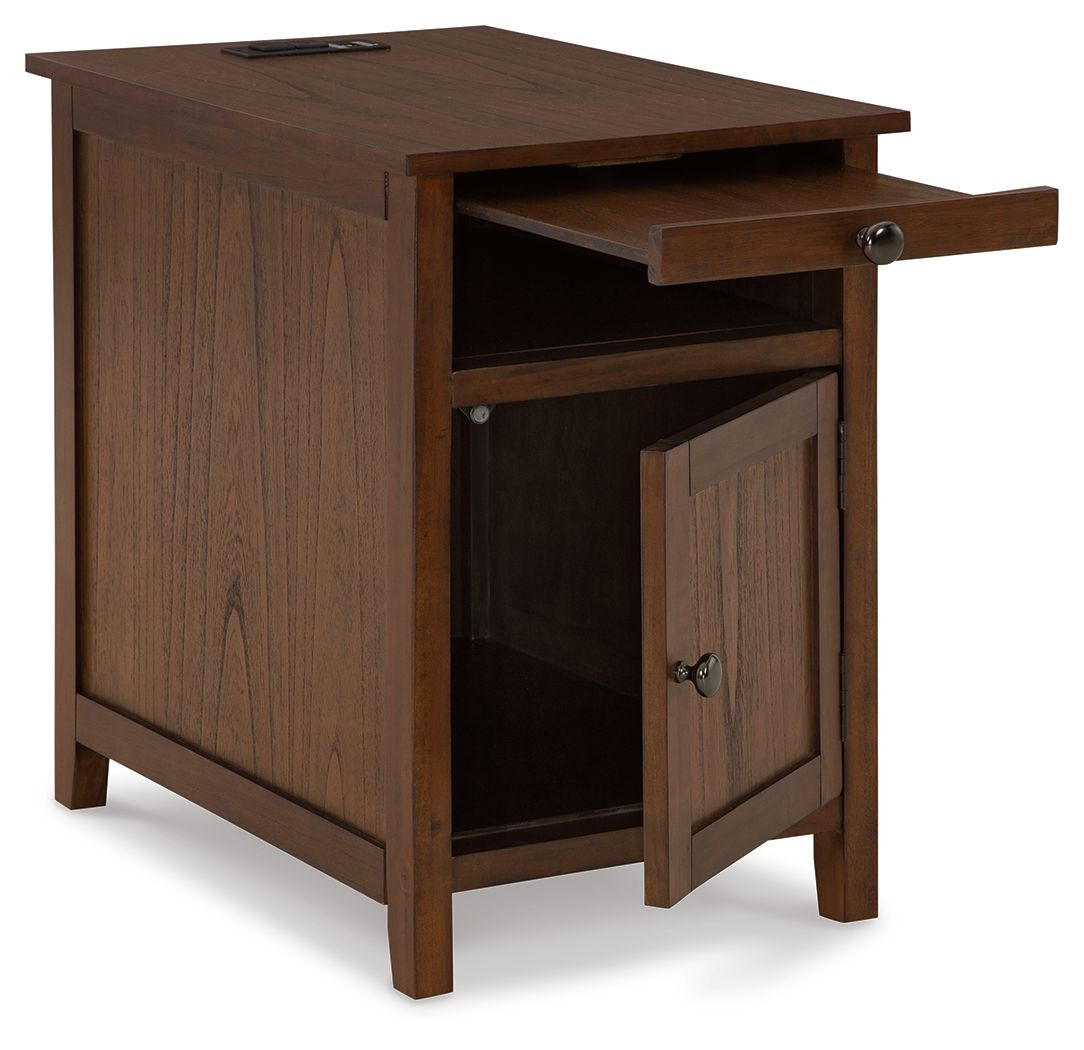Dark brown chairside end table with open shelf, drawer, and side door