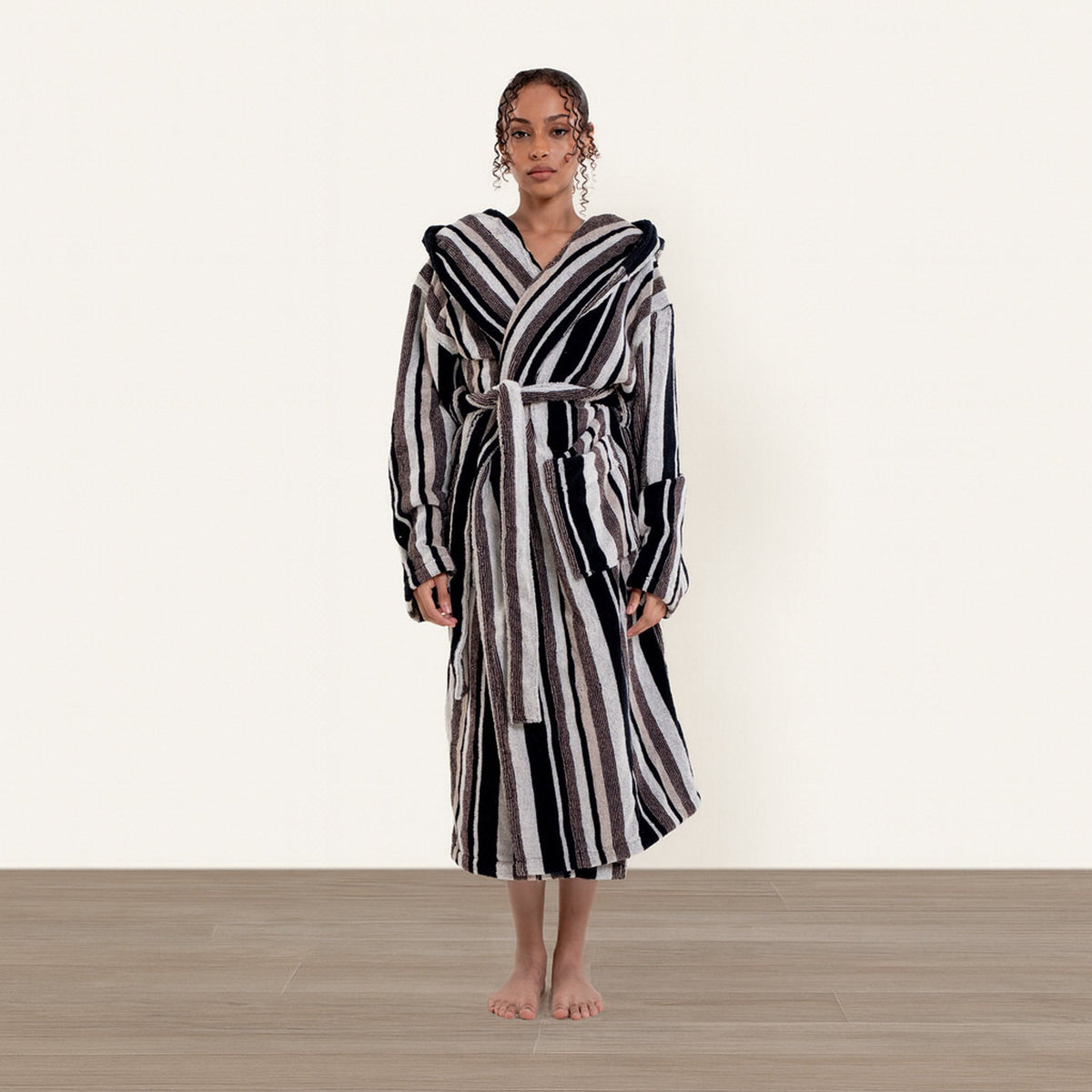 Unisex striped cotton bathrobe with hood, long belted robe in black and white stripes