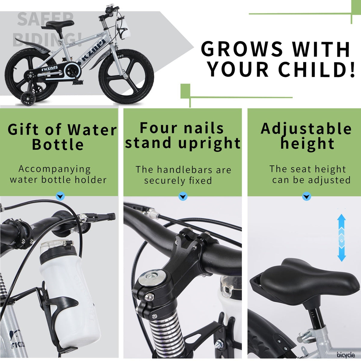 16-inch kids bike with training wheels, front accessory mount and adjustable seat height.