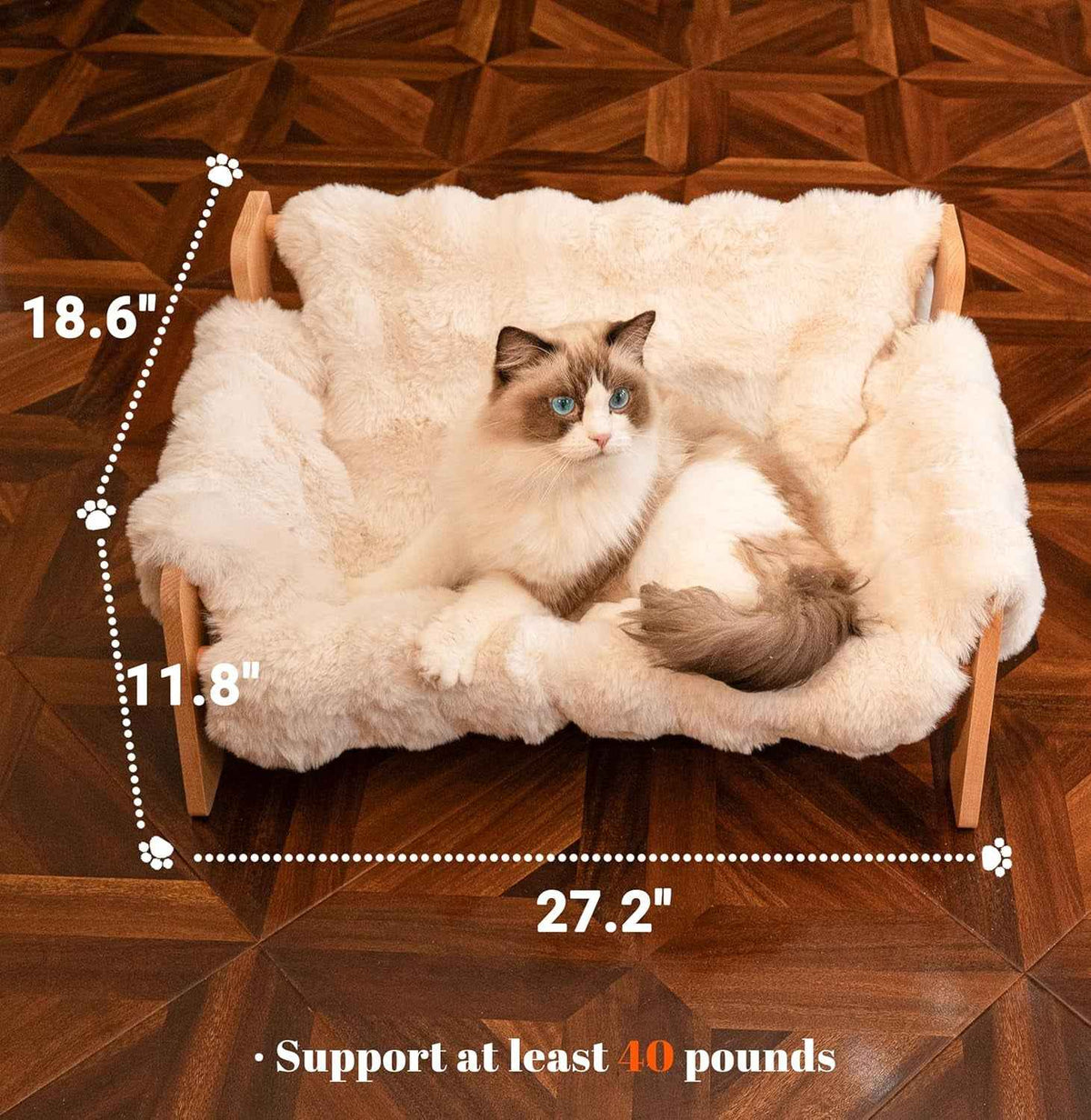 Cream fluffy cat couch bed with wooden legs and dimensions of 27.2 by 18.6 inches.