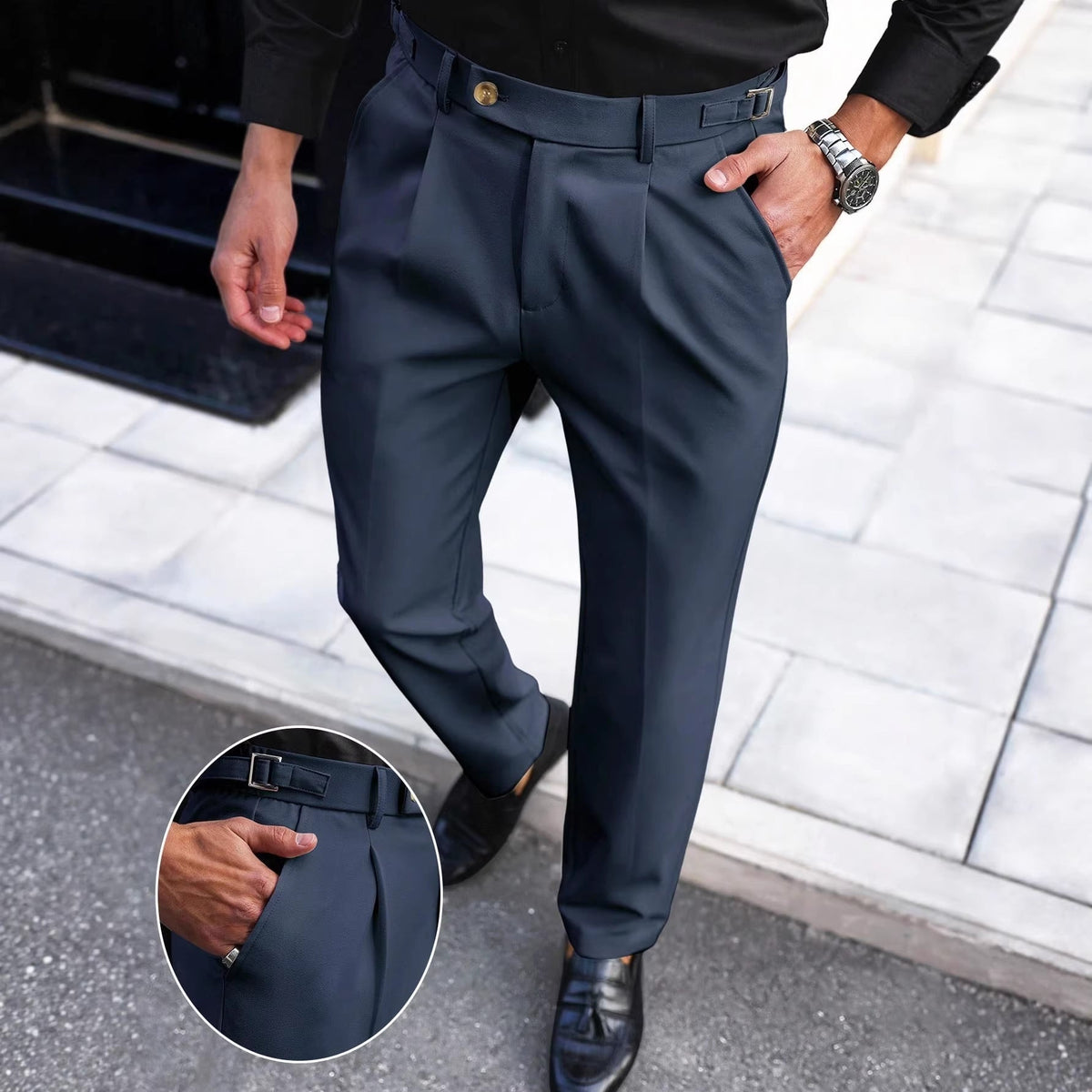 Navy straight-leg business trousers with belt loops, button closure, and side pockets