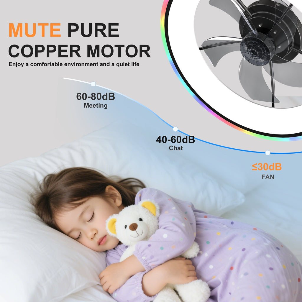 Black ceiling fan with a visible copper motor, curved blades, and LED ring