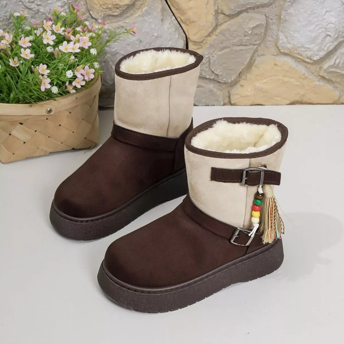 Brown ankle boots with cream cuff, tassel charm, lined interior, thick sole