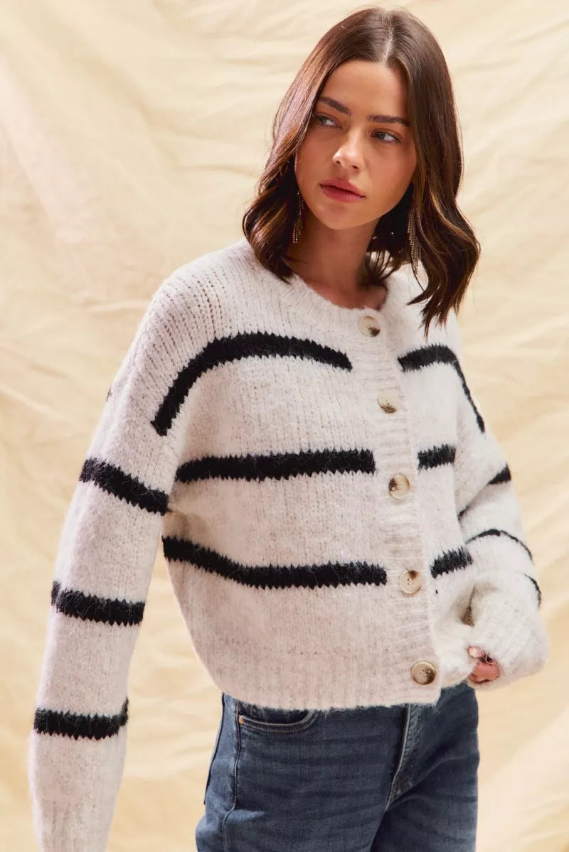 Soft touch button-front sweater with black-and-cream horizontal stripe bands