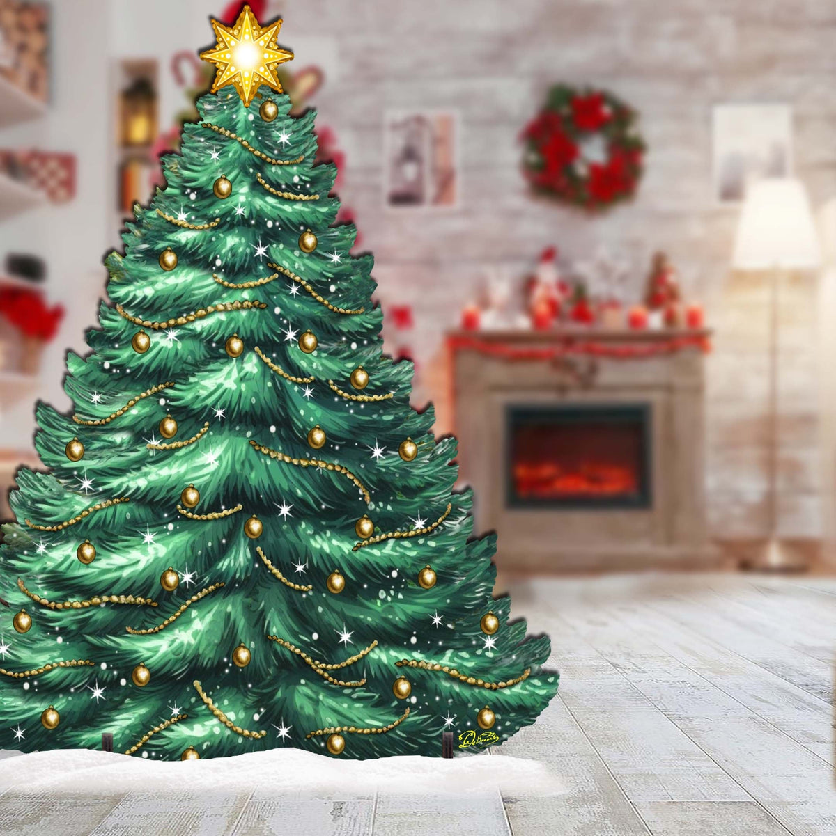 Green wooden Christmas tree decoration with glowing gold lights and star top