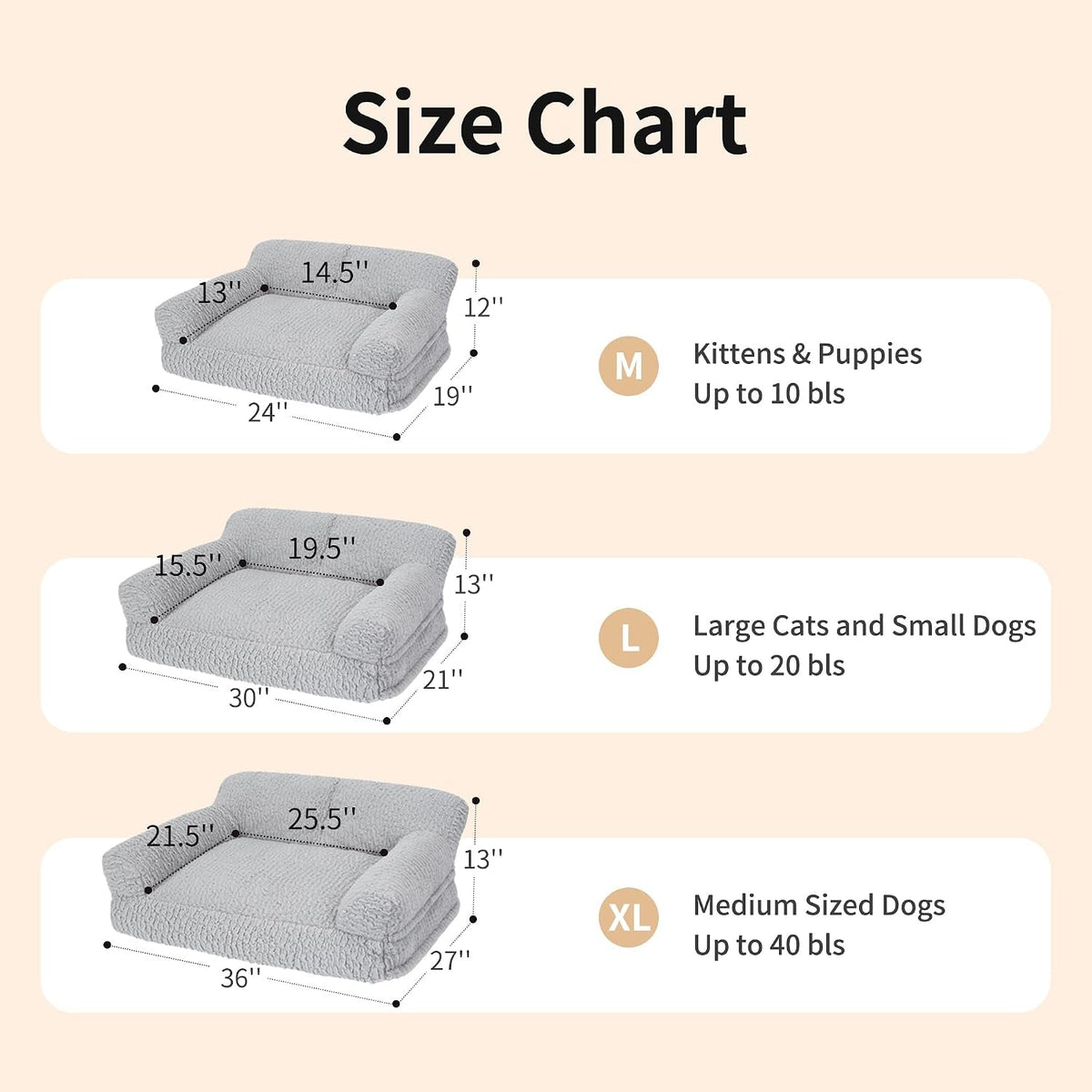 Cat sofa bed size chart shows dimensions and suggested pet weight ranges for three sizes.