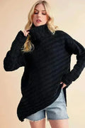 Black asymmetrical turtleneck sweater with long sleeves and draped side-slit hem
