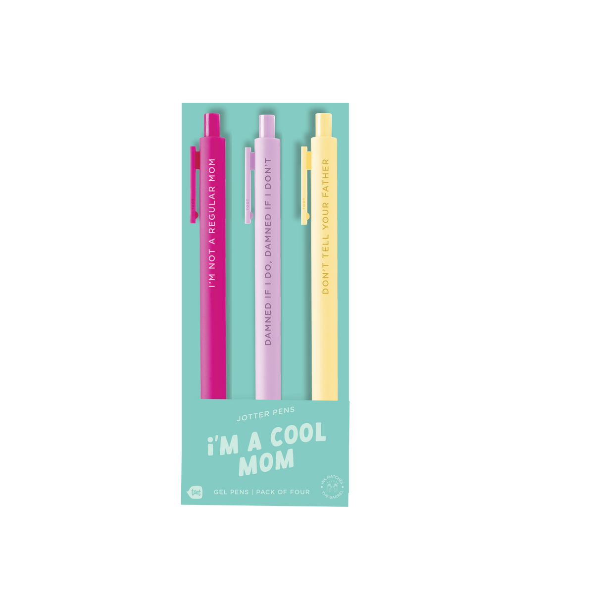 Gel pen set with teal, pink, and pale yellow pens