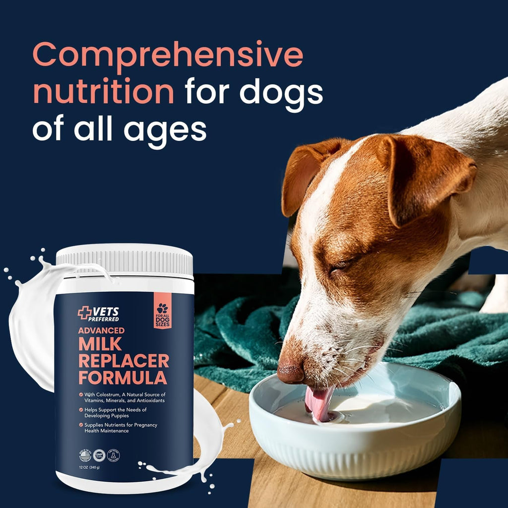 Vets Preferred milk replacer formula tub beside a dog drinking from a bowl