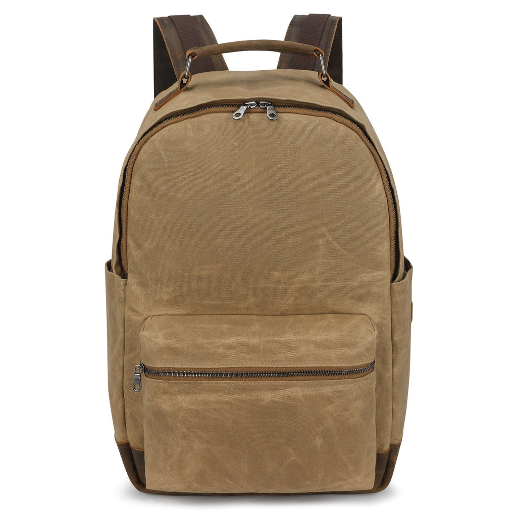 Sand canvas backpack with top handle, front zip pocket, and leather-look trim.