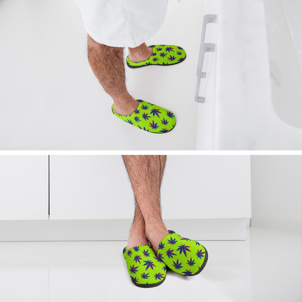 Neon green slip-on slippers with multicolor leaf pattern and dark rubber sole