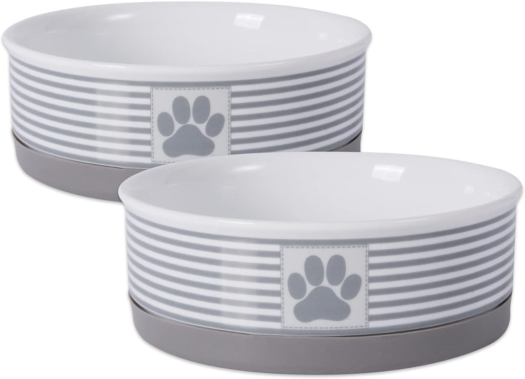Two gray and white striped ceramic pet bowls with paw-print badges and removable bases