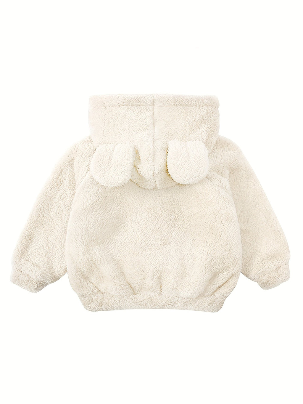 Baby girl fuzzy hooded jacket in white plush with bear-ear hood, back view