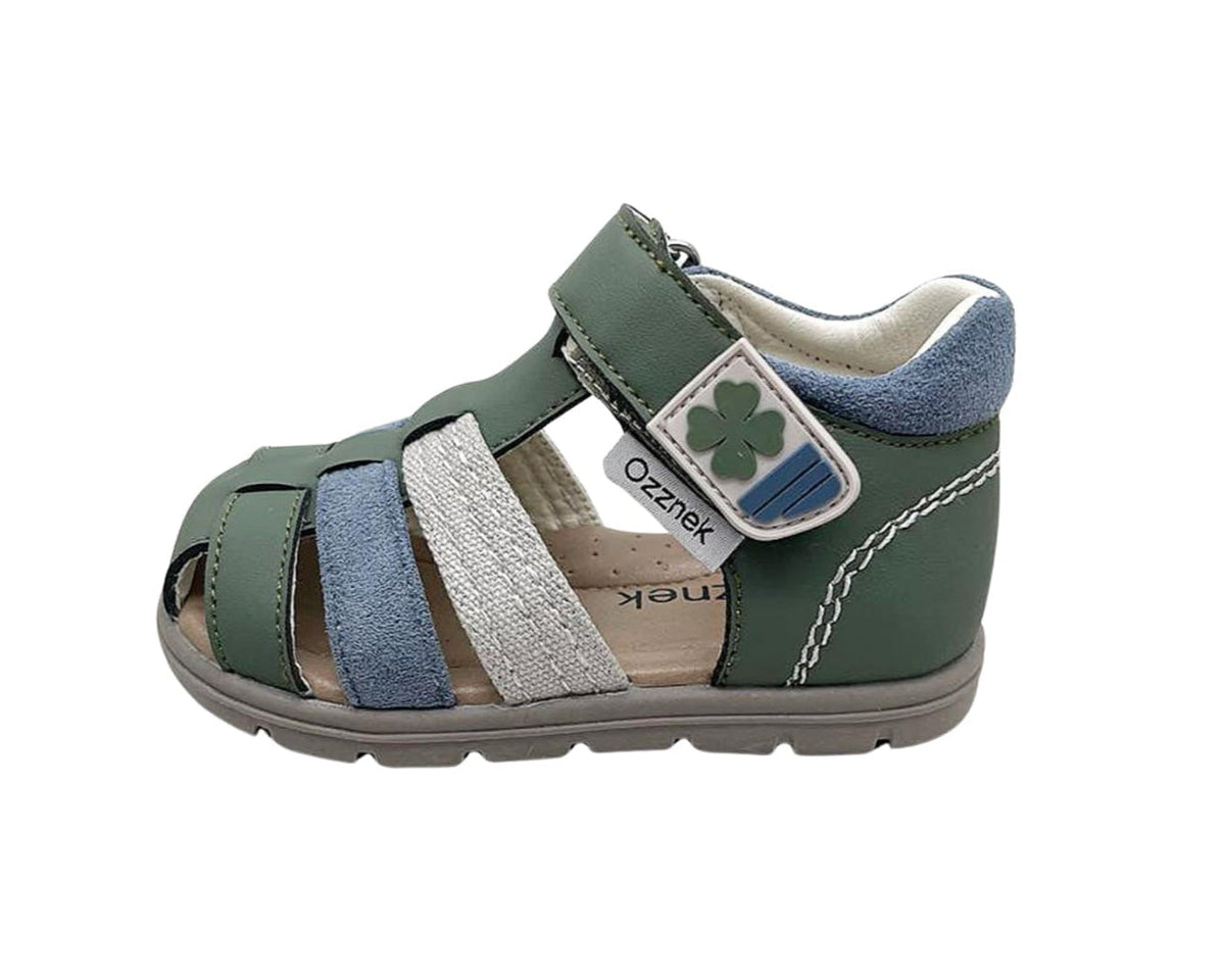 Toddler barefoot sandals top view: dark green straps with clover patch, blue and silver bands