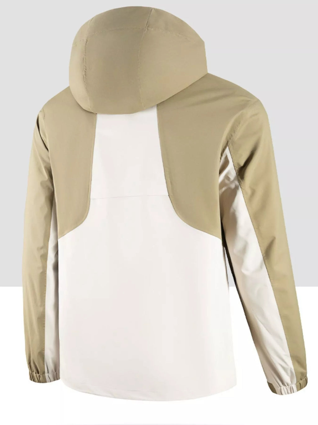 Back view of two-tone waterproof hooded outdoor jacket, khaki sleeves and white center